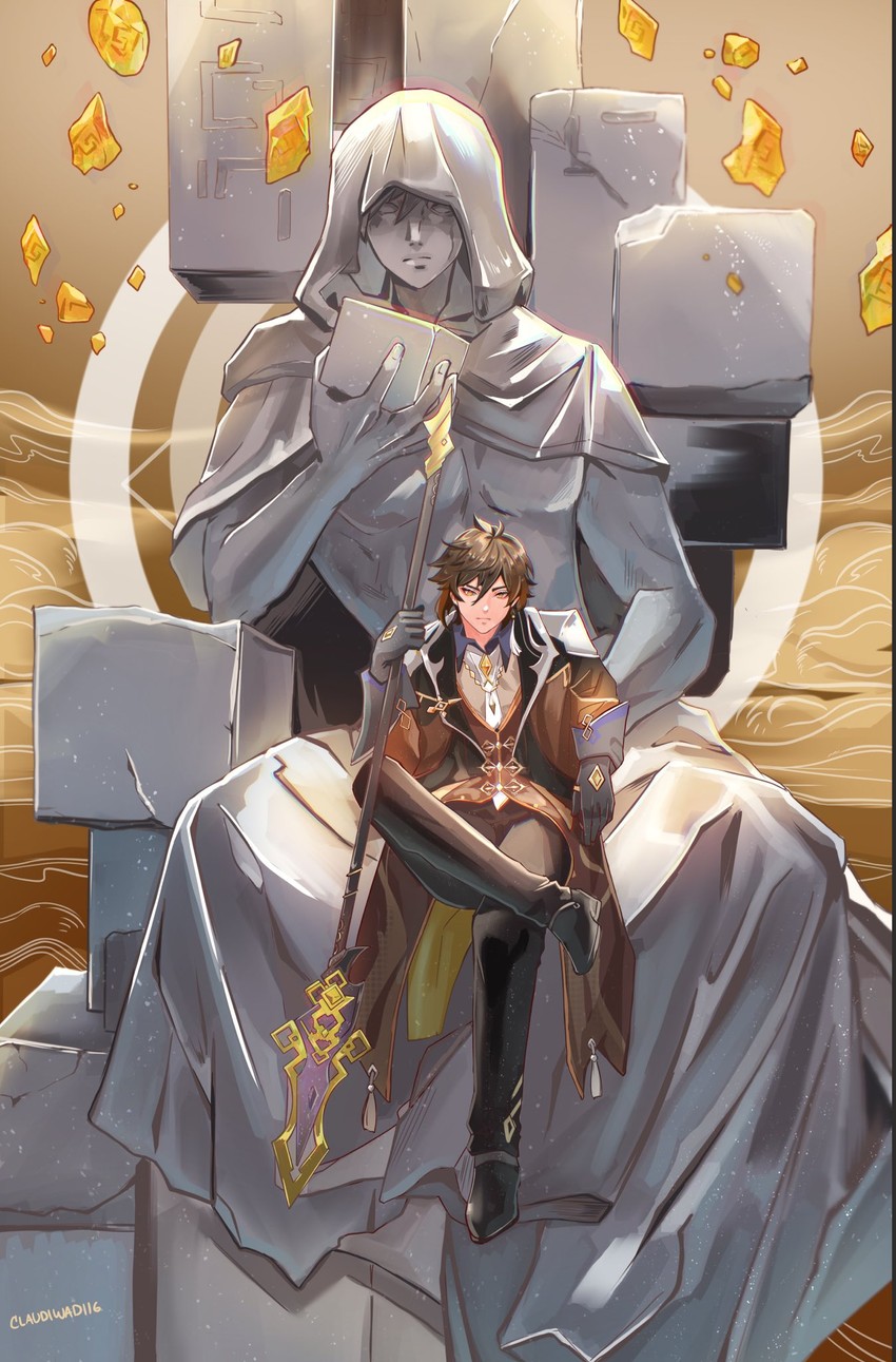 zhongli and rex lapis (genshin impact) drawn by claudiwadi