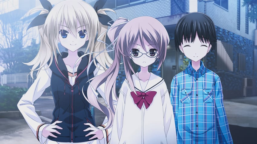 arimura hinae, yamazoe uki, and tachibana yuuto (chaos;child) drawn by sasaki_mutsumi