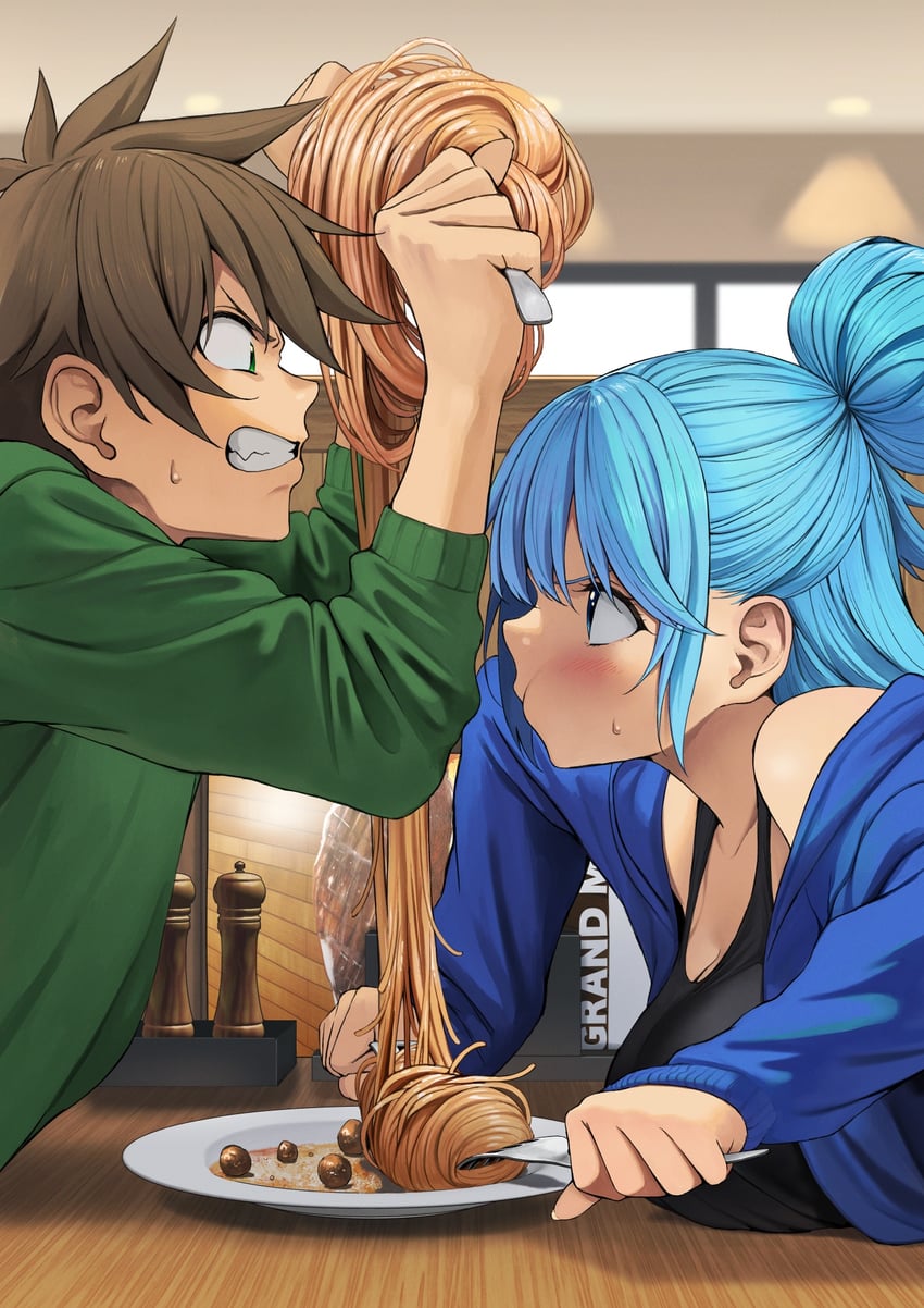 aqua and satou kazuma (kono subarashii sekai ni shukufuku wo! and 2 more) drawn by izawa_(bhive003)