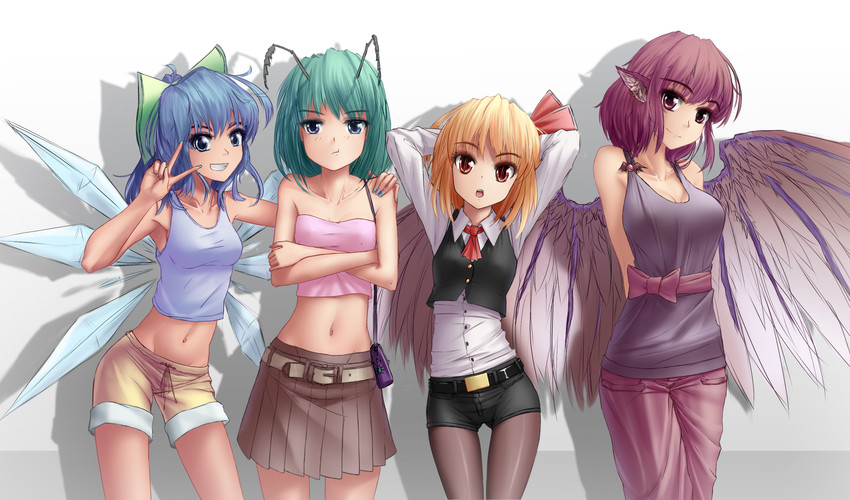cirno, rumia, mystia lorelei, and wriggle nightbug (touhou) drawn by hater_(hatater)