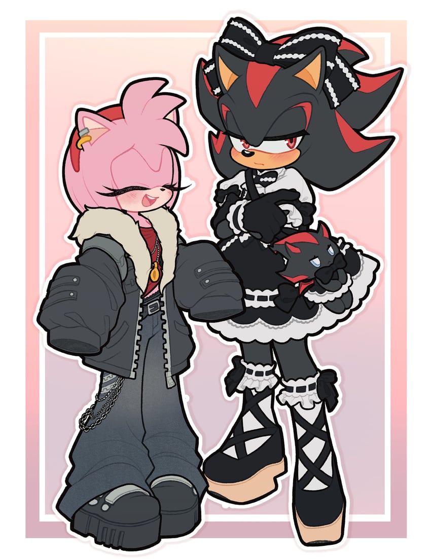 shadow the hedgehog, amy rose, dark chao, and shadow chao (sonic) drawn by flora_(florathemoth)