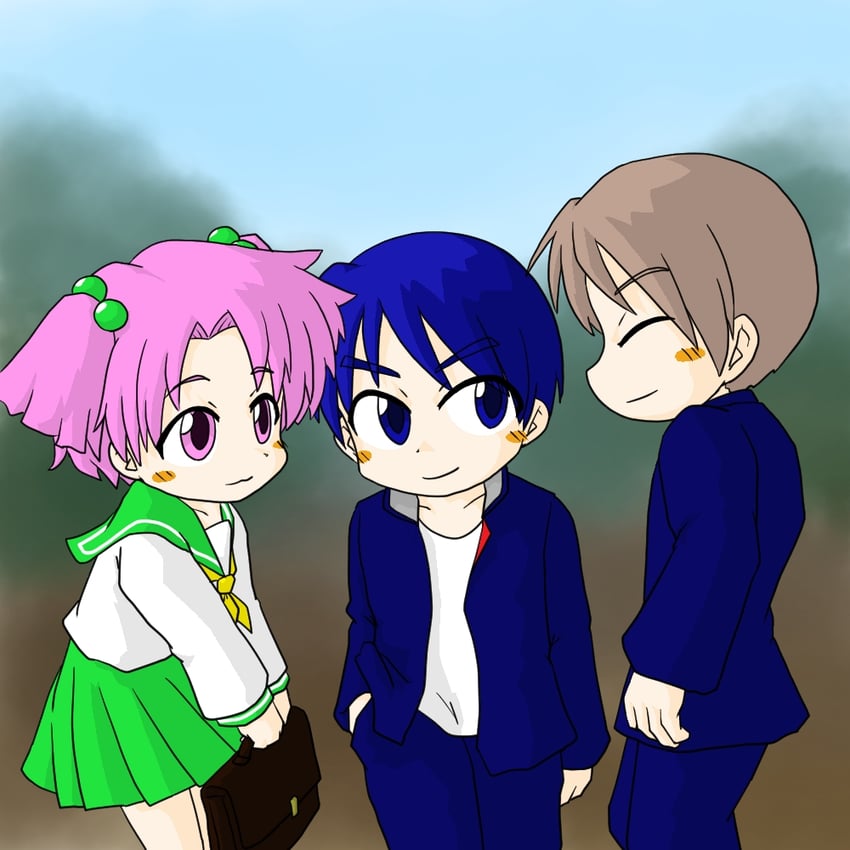 sugata, momozono satomi, and nanase (kunio-kun series) drawn by habu_takehiro