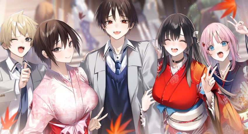 hitotsuba kaede, yoshizumi yuya, nikaido ai, ootsuki akiho, and shinji higure (ryoushin no shakkin) drawn by kakao_(chocolate_land)