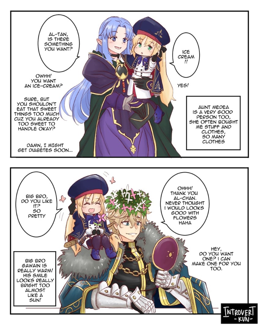 artoria pendragon, artoria caster, medea, and gawain (fate and 1 more) drawn by introvert-kun