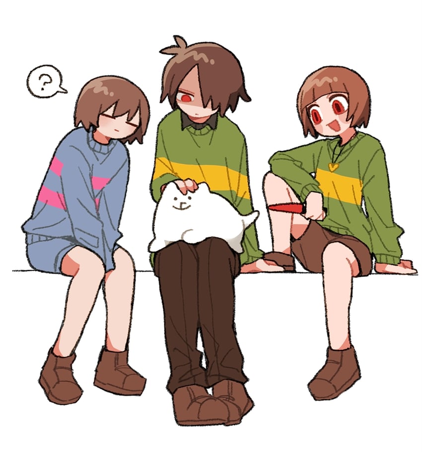 frisk, chara, kris, and annoying dog (undertale and 1 more) drawn by tadeno