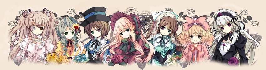 suigintou, shinku, suiseiseki, souseiseki, hinaichigo, and 2 more (rozen maiden) drawn by bondson