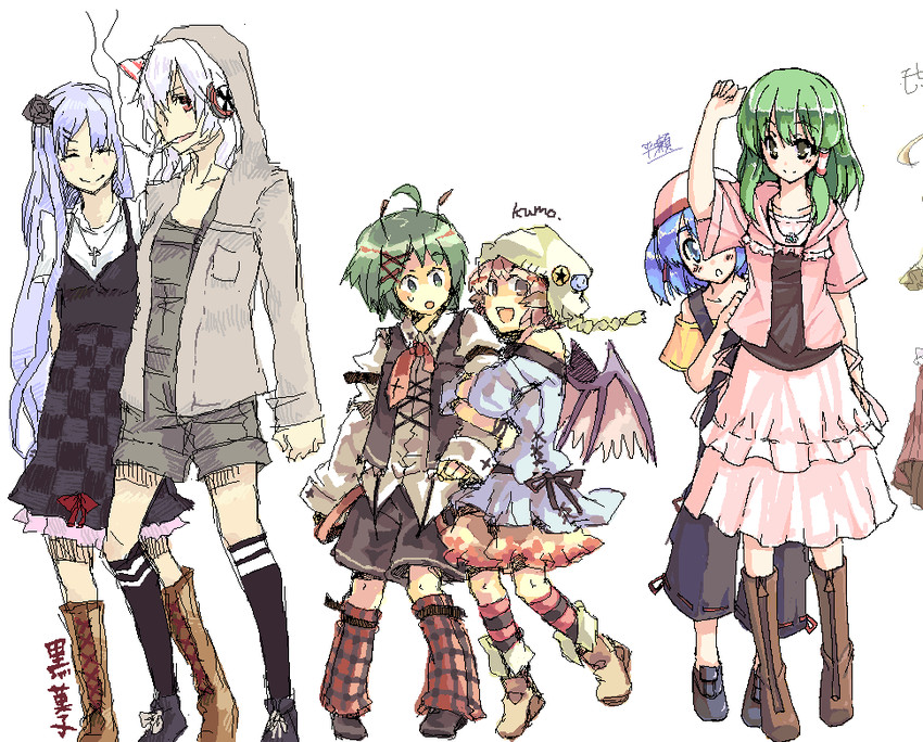 kochiya sanae, fujiwara no mokou, kawashiro nitori, kamishirasawa keine, mystia lorelei, and 1 more (touhou) drawn by blackcafecake, hirase_yuu, and mochiki