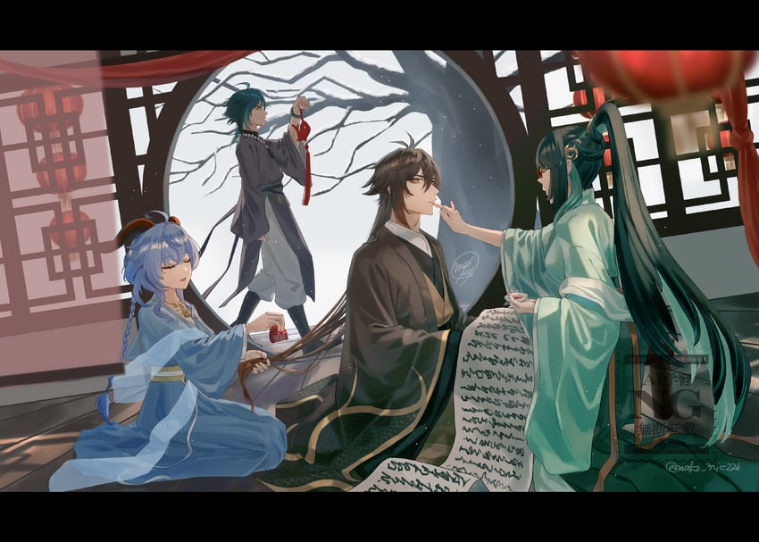 ganyu, zhongli, xiao, and xianyun (genshin impact) drawn by warp226