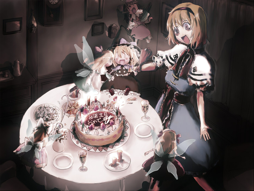 hakurei reimu, kirisame marisa, alice margatroid, shanghai doll, and hourai doll (touhou) drawn by nyararuto
