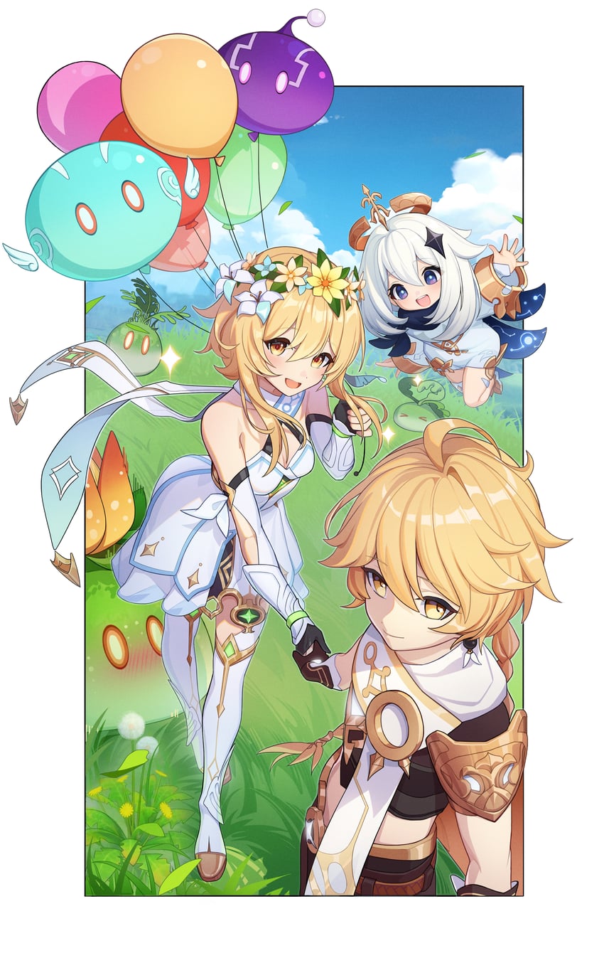 lumine, aether, paimon, slime, anemo slime, and 2 more (genshin impact) drawn by jiachong_jun_z