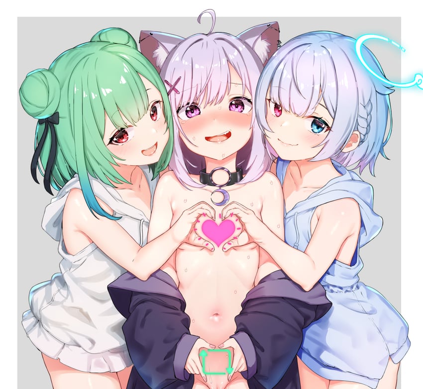 uruha rushia, amemiya nazuna, and mikeneko (hololive and 2 more) drawn by dongchuan