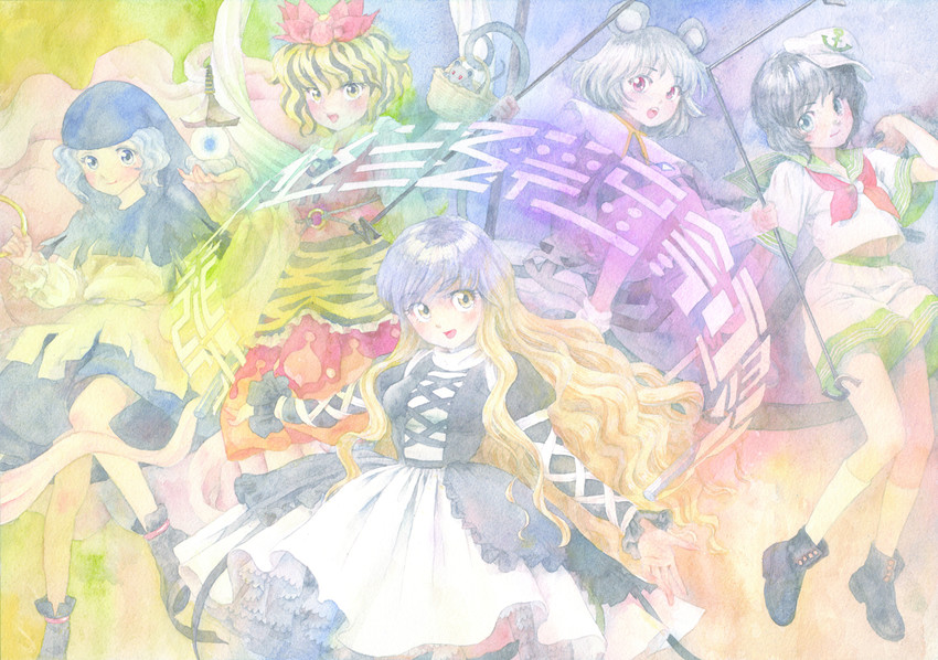 nazrin, hijiri byakuren, toramaru shou, murasa minamitsu, and kumoi ichirin (touhou) drawn by misawa_hiroshi