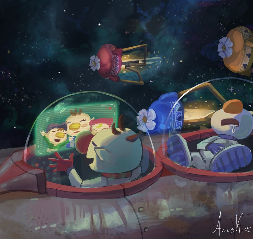 olimar, louie, hocotate freight steam ship, olimar's wife, olimar's daughter, and 1 more (pikmin and 1 more) drawn by ani_(puniper)