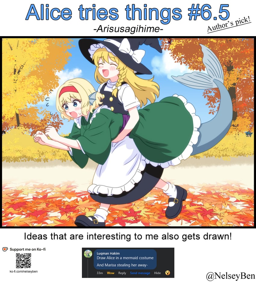 kirisame marisa, alice margatroid, and wakasagihime (touhou) drawn by bnelsey