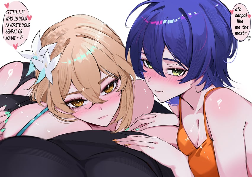 lumine, trailblazer, stelle, and belle (genshin impact and 4 more) drawn by arnkun