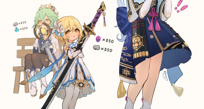 lumine, kamisato ayaka, and sucrose (genshin impact) drawn by koebushi_(mat)