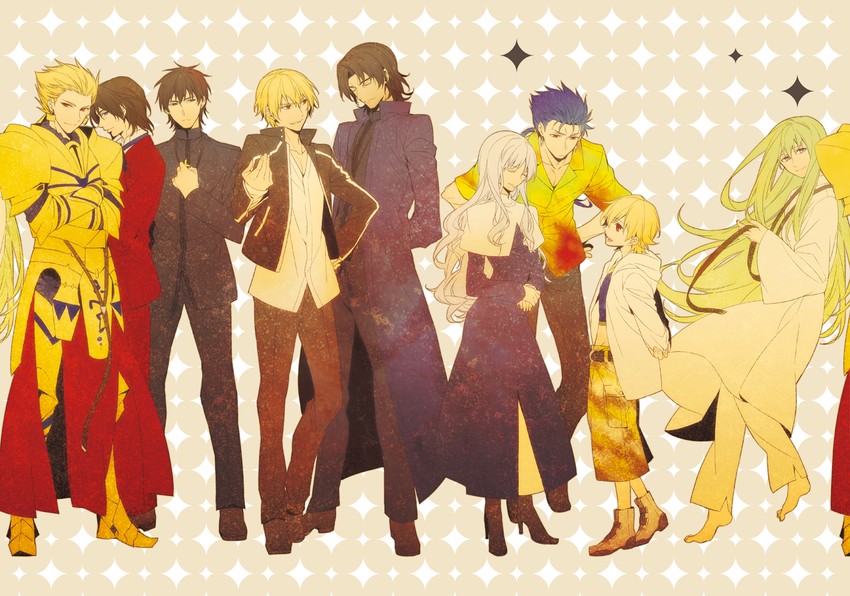 gilgamesh, kotomine kirei, enkidu, caren hortensia, tohsaka tokiomi, and 2 more (fate and 4 more) drawn by xia_(ryugo)