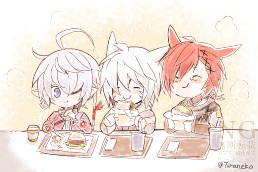 warrior of light, g'raha tia, and alisaie leveilleur (final fantasy and 1 more) drawn by marukunaritaineko3