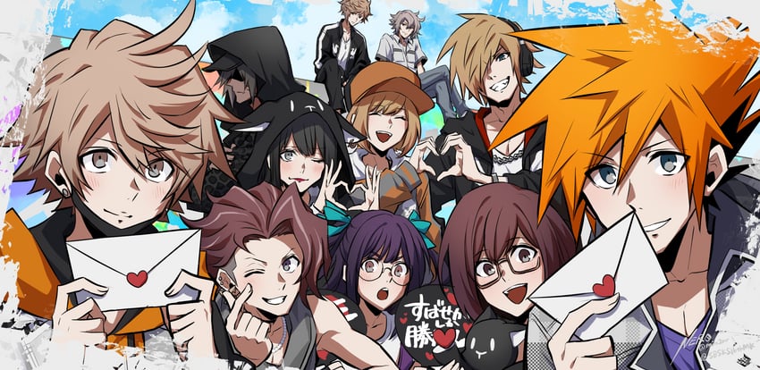 sakuraba neku, misaki shiki, nyantan, bito daisukenojo, kiryu yoshiya, and 7 more (subarashiki kono sekai and 1 more) drawn by eme_(204)