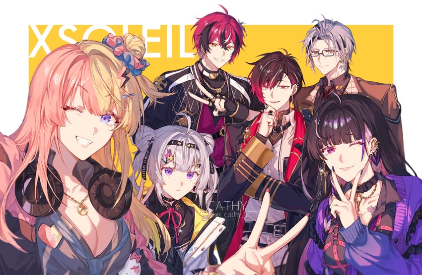 meloco kyoran, doppio dropscythe, kotoka torahime, ver vermillion, hex haywire, and 1 more (nijisanji and 1 more) drawn by cathy_(xx_cathy_li)