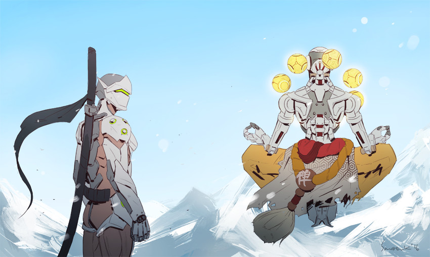 genji and zenyatta (overwatch and 1 more) drawn by sun_stark