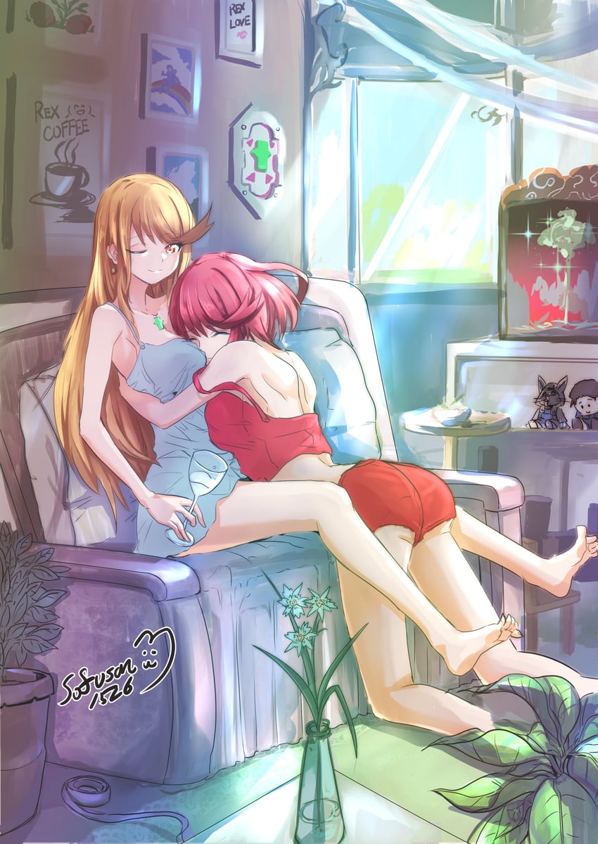 pyra and mythra (xenoblade chronicles and 1 more) drawn by sofusan1526