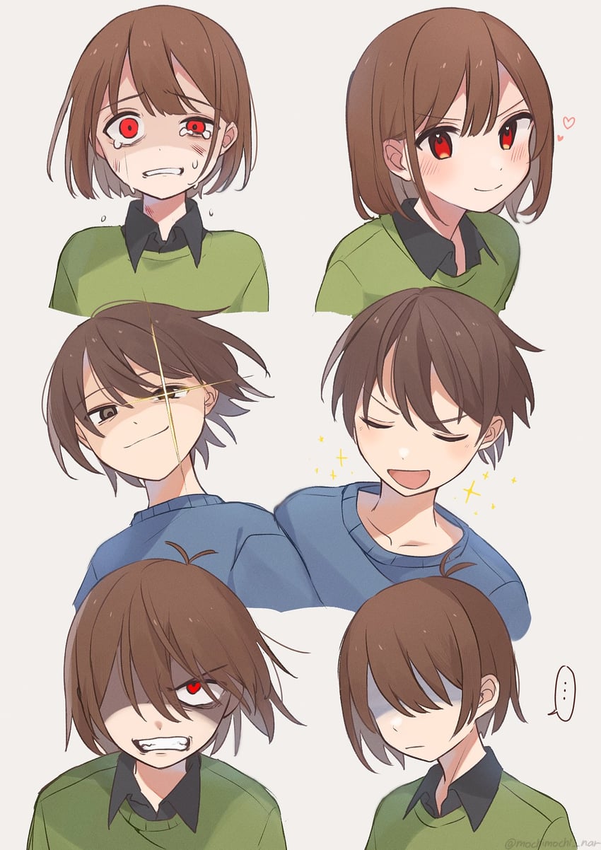 frisk, kris, and chara (undertale and 1 more) drawn by nano_mochi