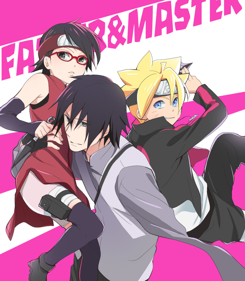 uchiha sasuke, uchiha sarada, and uzumaki boruto (naruto and 1 more) drawn by f-tani