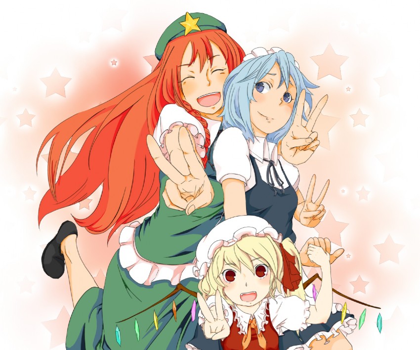 flandre scarlet, izayoi sakuya, and hong meiling (touhou) drawn by rakeko
