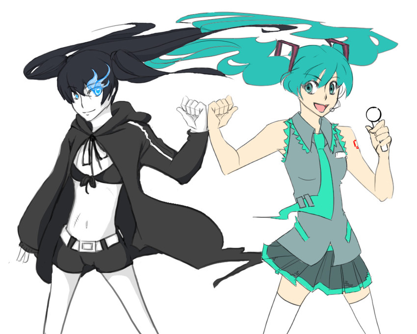 hatsune miku and black rock shooter (vocaloid and 1 more) drawn by drawfag