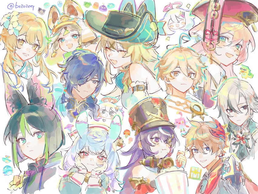 lumine, aether, paimon, tartaglia, arlecchino, and 7 more (genshin impact) drawn by boioioq