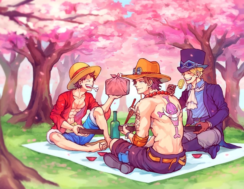 monkey d. luffy, portgas d. ace, and sabo (one piece) drawn by aokamei