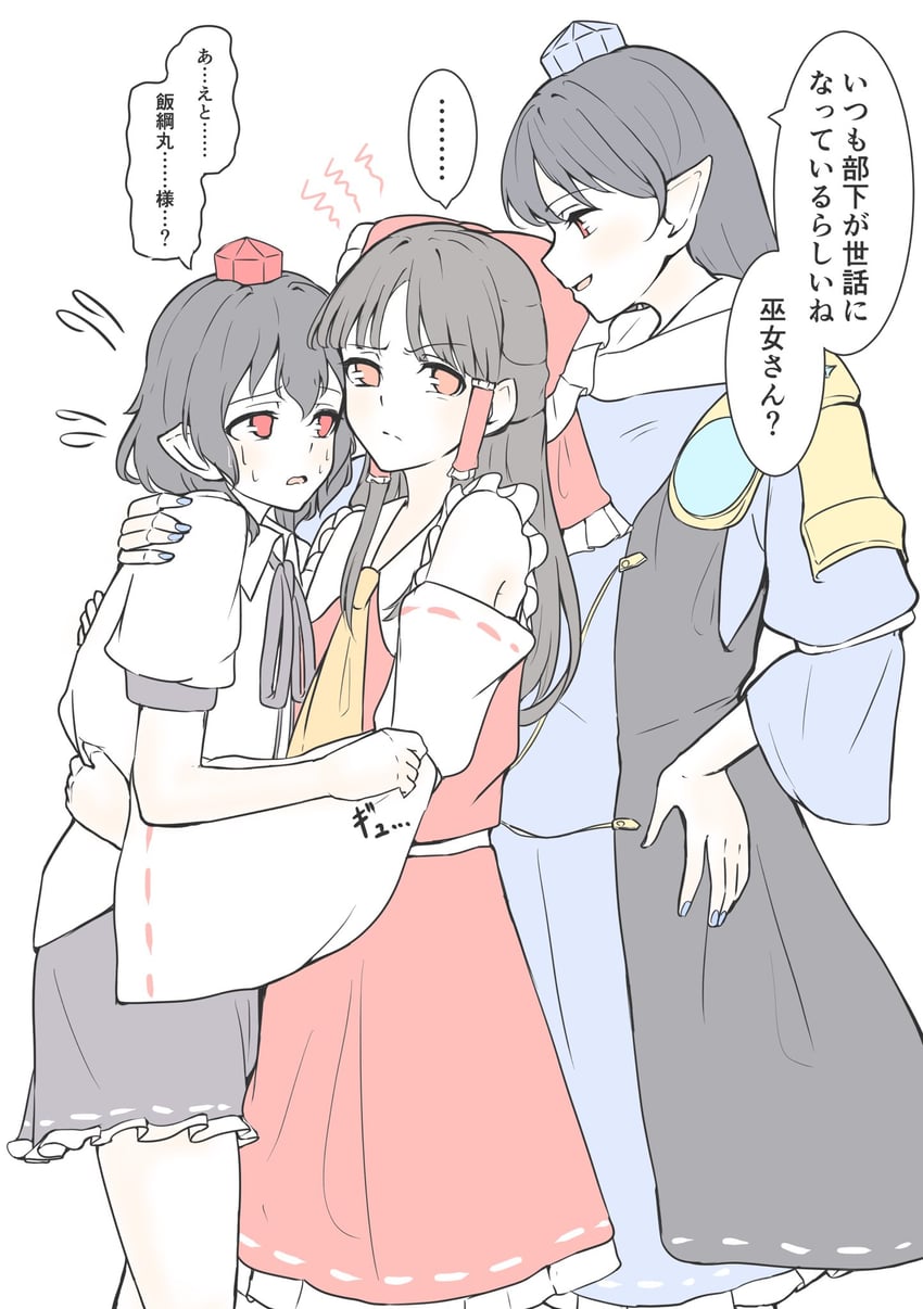 hakurei reimu, shameimaru aya, and iizunamaru megumu (touhou) drawn by seele_(chanseele0128)