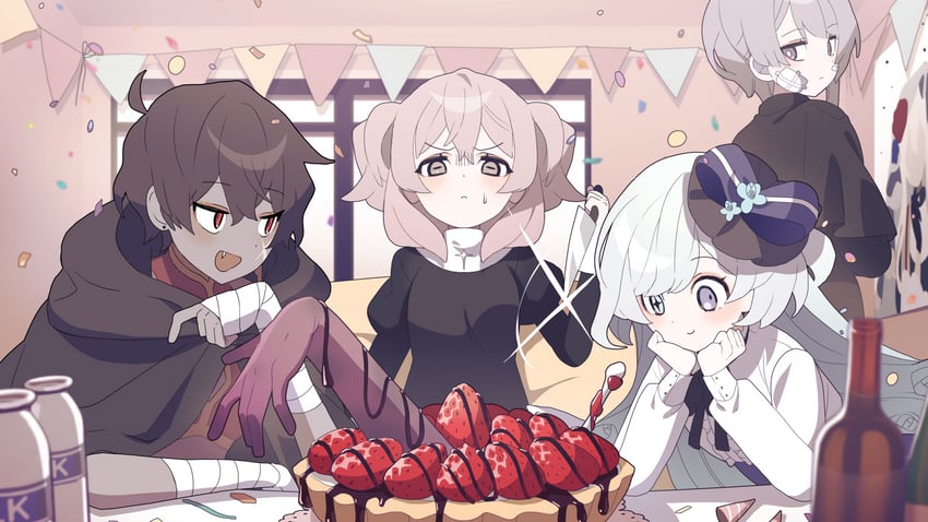 maya elbeth, securett rafe, belial, and clione myosotis (happy saint sheol) drawn by 122pxsheol