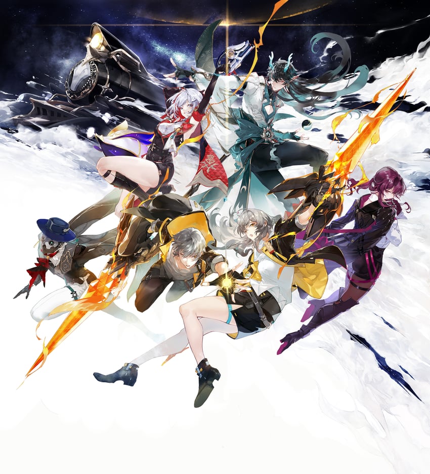 trailblazer, stelle, kafka, caelus, dan heng, and 2 more (honkai and 1 more) drawn by onitobico