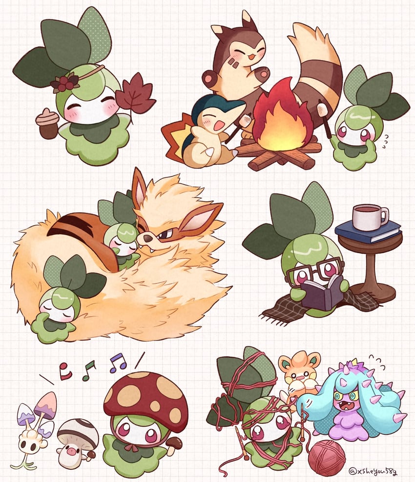 cyndaquil, furret, arcanine, pawmi, petilil, and 3 more (pokemon) drawn by mochopaccho