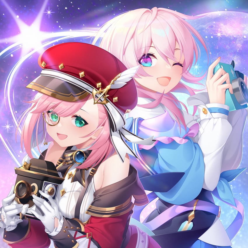 march 7th and charlotte (genshin impact and 3 more) drawn by minzieart