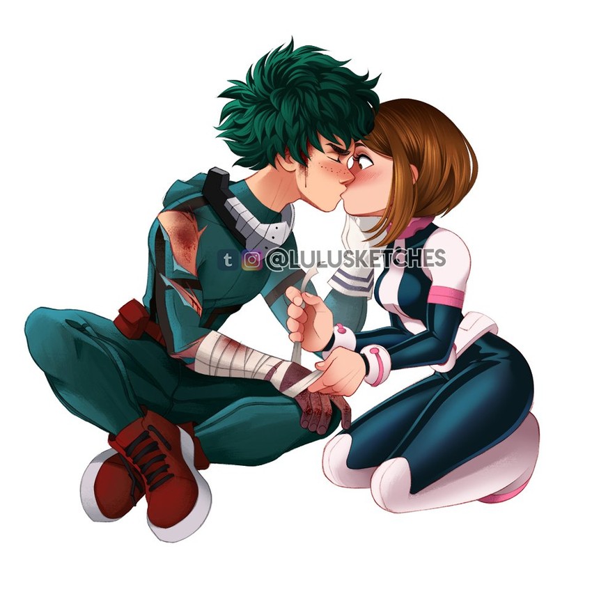 midoriya izuku and uraraka ochaco (boku no hero academia) drawn by laura_price