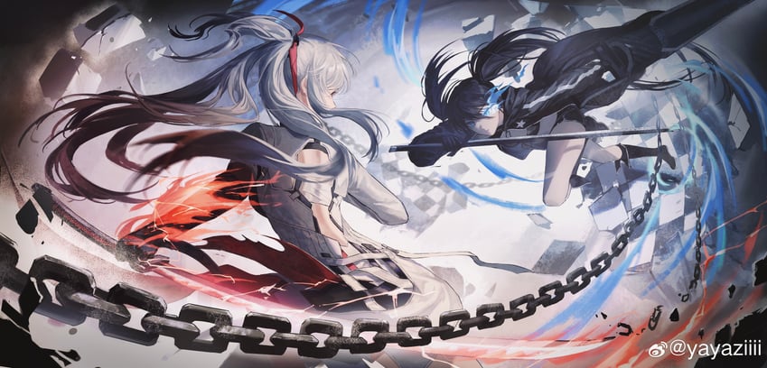 black rock shooter, alpha, and alpha: crimson weave (punishing: gray raven and 1 more) drawn by yayaziiii