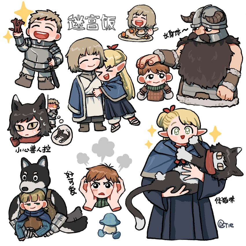 marcille donato, falin touden, laios touden, senshi, chilchuck tims, and 4 more (dungeon meshi) drawn by jiqitie