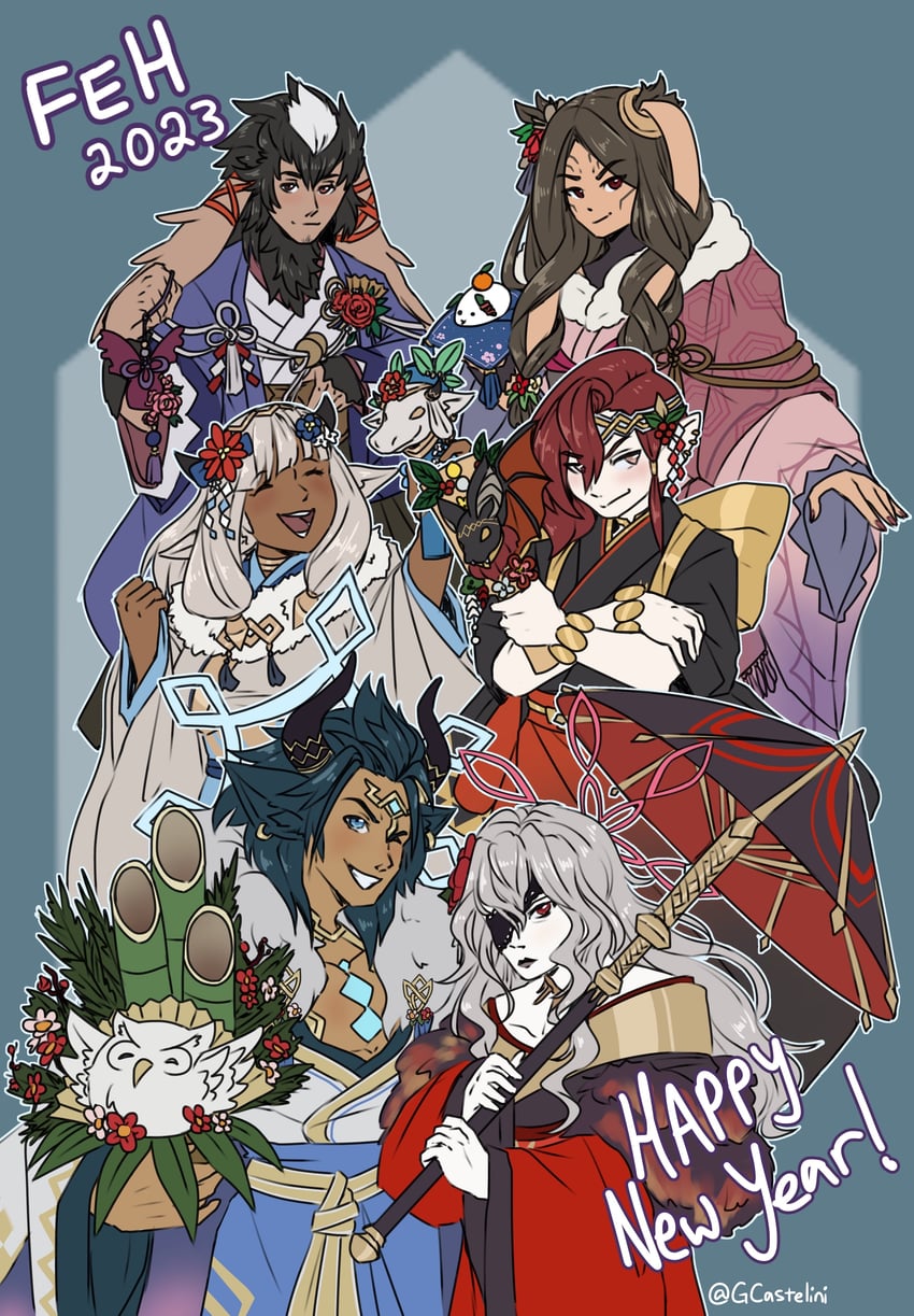 feh, ash, panne, embla, yarne, and 2 more (fire emblem and 2 more) drawn by gcastelini