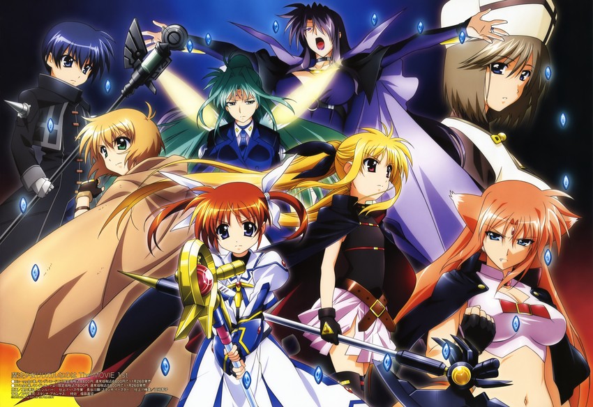fate testarossa, takamachi nanoha, raising heart, yuuno scrya, arf, and 6 more (lyrical nanoha and 3 more) drawn by okuda_yasuhiro