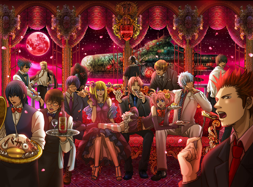 sakata gintoki, kagura, okita sougo, hijikata toushirou, shimura shinpachi, and 10 more (gintama) drawn by eriyama