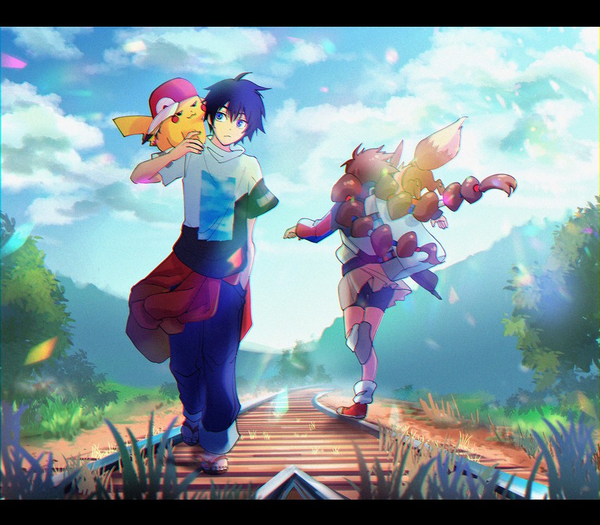 pikachu, eevee, gotcha! girl, and gotcha! boy (pokemon and 2 more) drawn by fuwamoko_momen_toufu