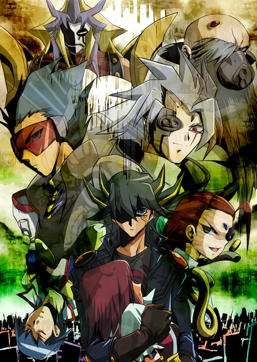 fudo yusei, izayoi aki, bruno, paradox, placido, and 3 more (yu-gi-oh! and 2 more) drawn by ashi_ura