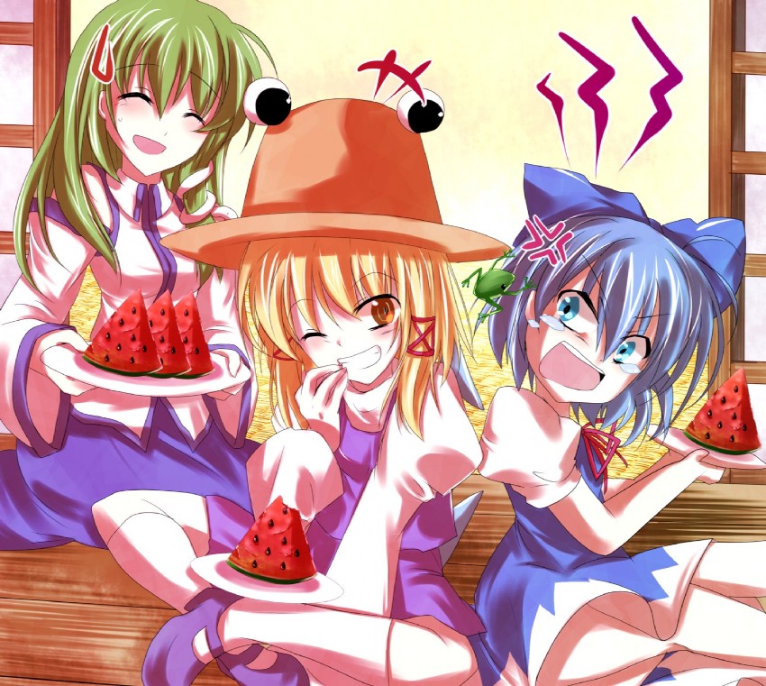 kochiya sanae, cirno, and moriya suwako (touhou) drawn by fuepo