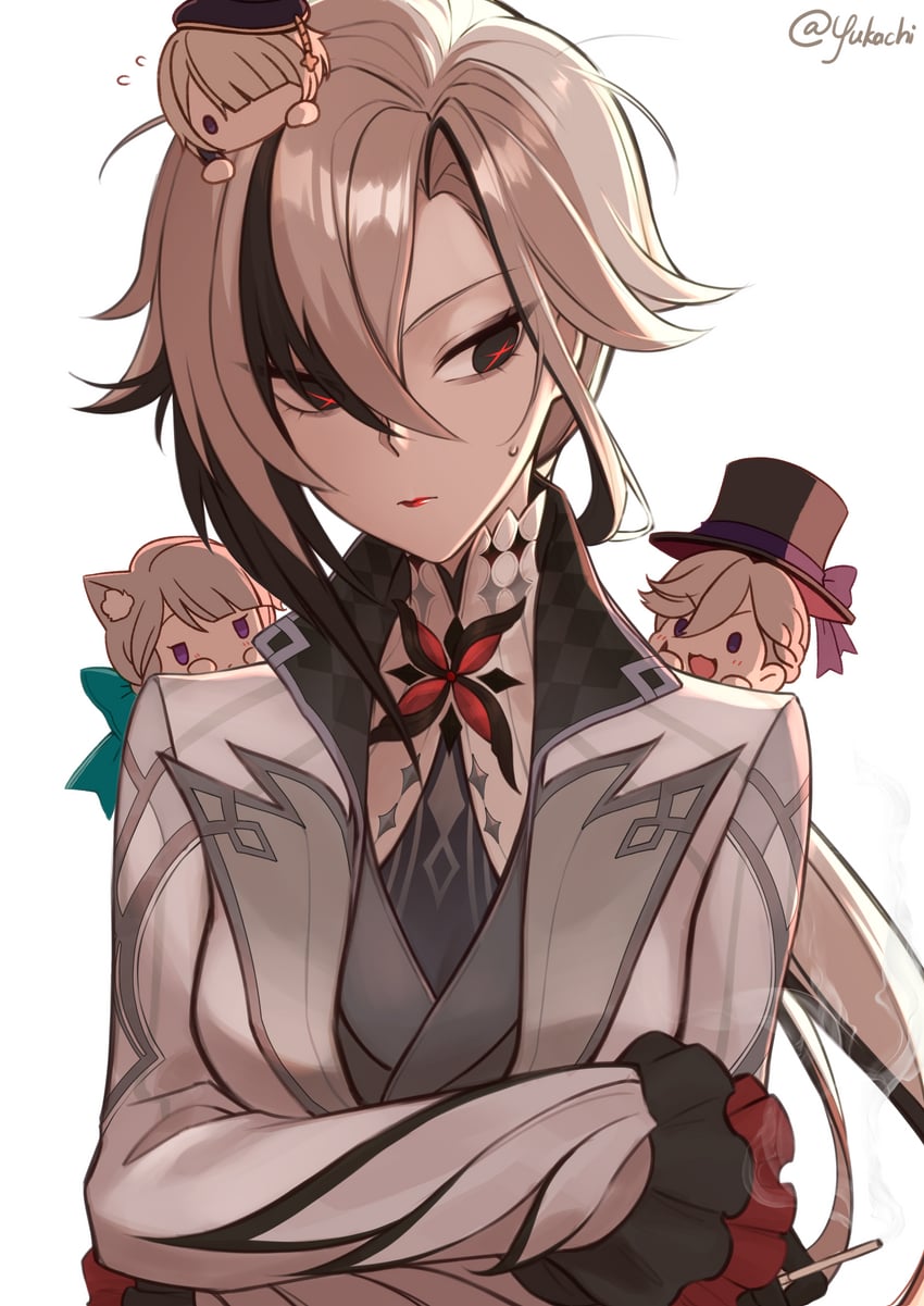 arlecchino, lynette, lyney, and freminet (genshin impact) drawn by yukachiee