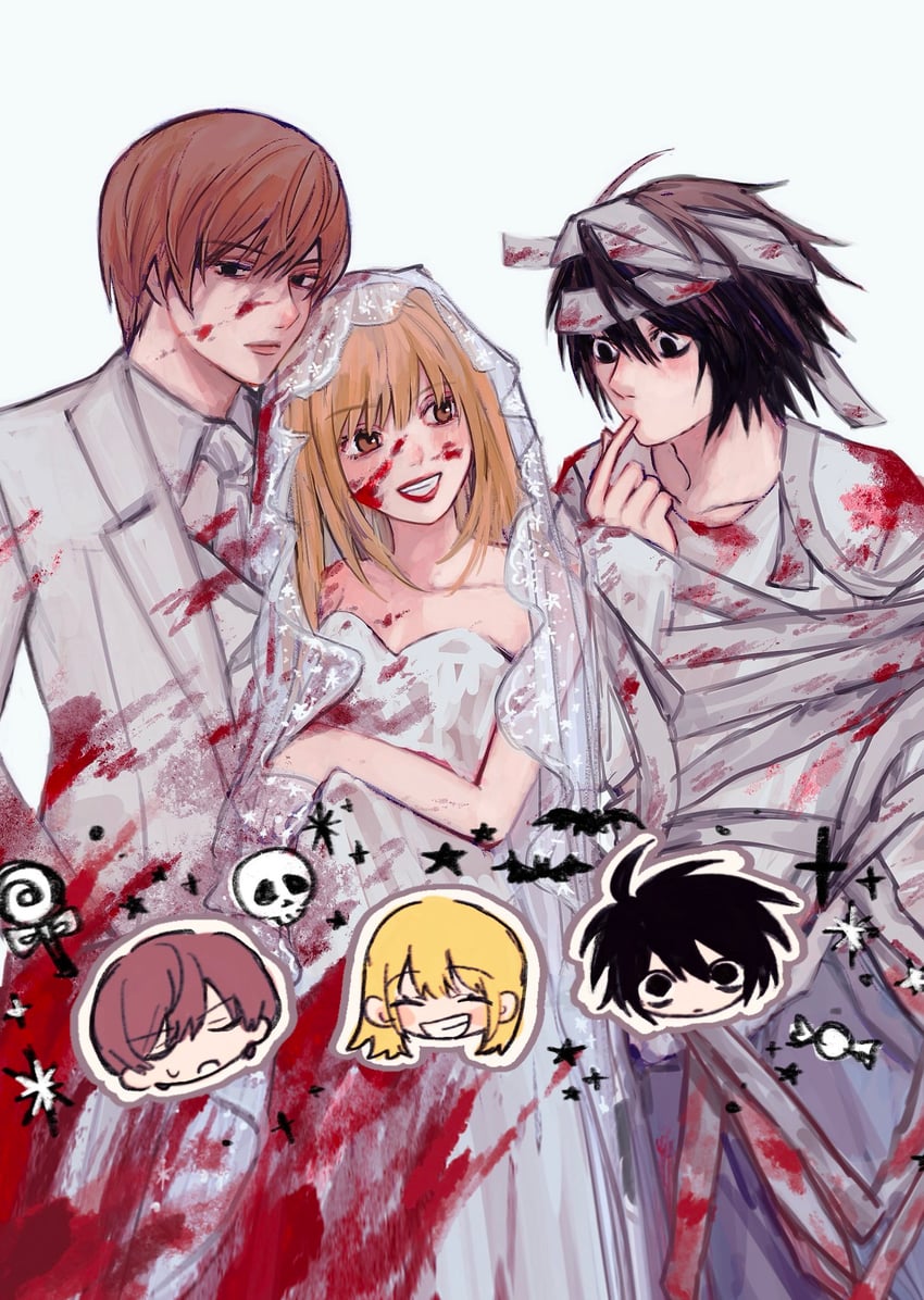 yagami light, l, and amane misa (death note) drawn by hnk_1114