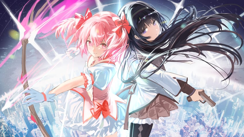 akemi homura and kaname madoka (mahou shoujo madoka magica) drawn by haruri