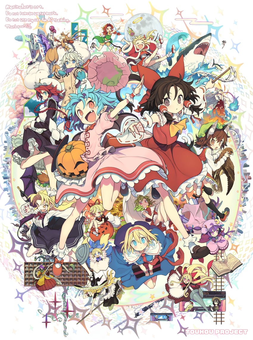 hakurei reimu, kirisame marisa, remilia scarlet, flandre scarlet, izayoi sakuya, and 17 more (touhou) drawn by morino_hon
